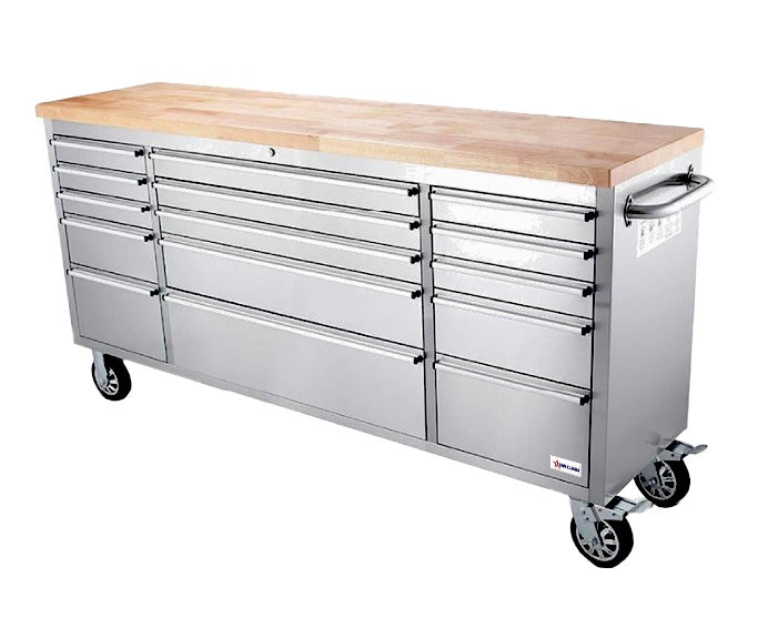 Omcan 48593 72 In. Mobile Work Bench, 15 Drawers, Rubberized Wood Top, 430 Stainless Steel