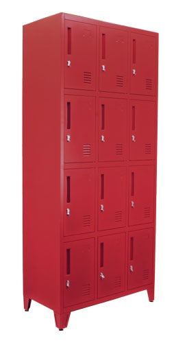 Omcan 48883 34 In. 4 Tier 3 Bank Steel Locker, Red, 12 Compartments, Card Holders