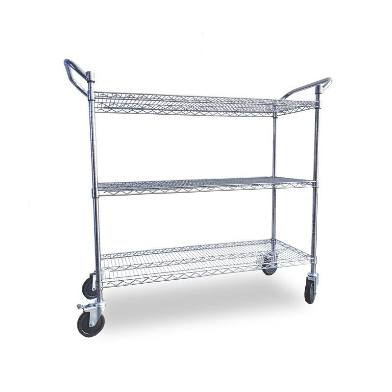 Omcan 49142 24 x 48 In. Chrome Wire Shelving Cart, 3 Adjustable Tiers, Double Handles