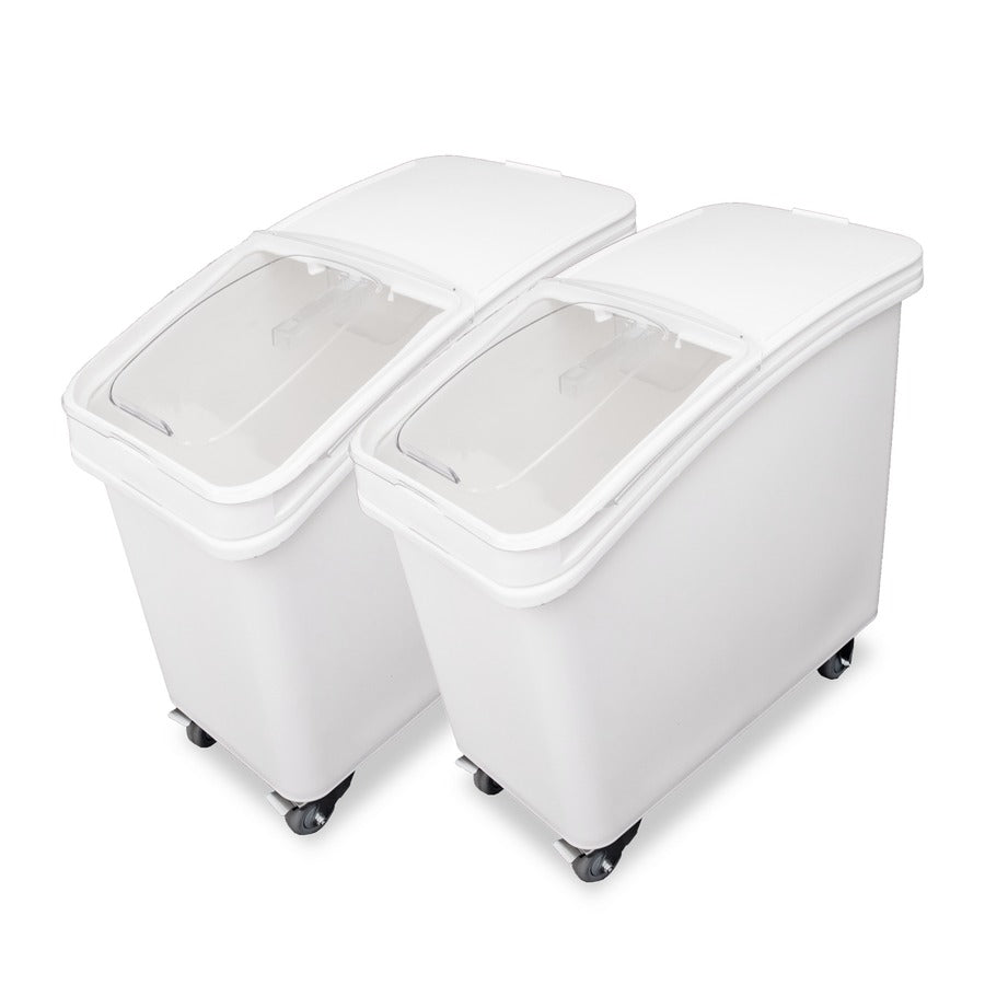 Omcan 80986 27 Gallon Ingredient Bin Set of 2 with Clear Sliding Lids, 32 oz Scoops, Braked Casters