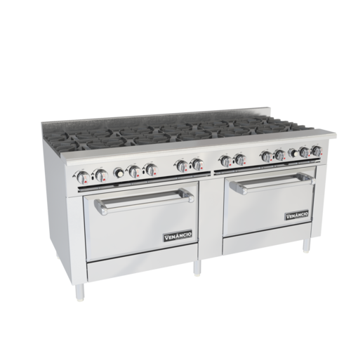Venancio R722ST-72B 72 In. Restaurant Series Gas Range, 12 Non-Clog Burners, 2 Standard Ovens, Standing Pilot