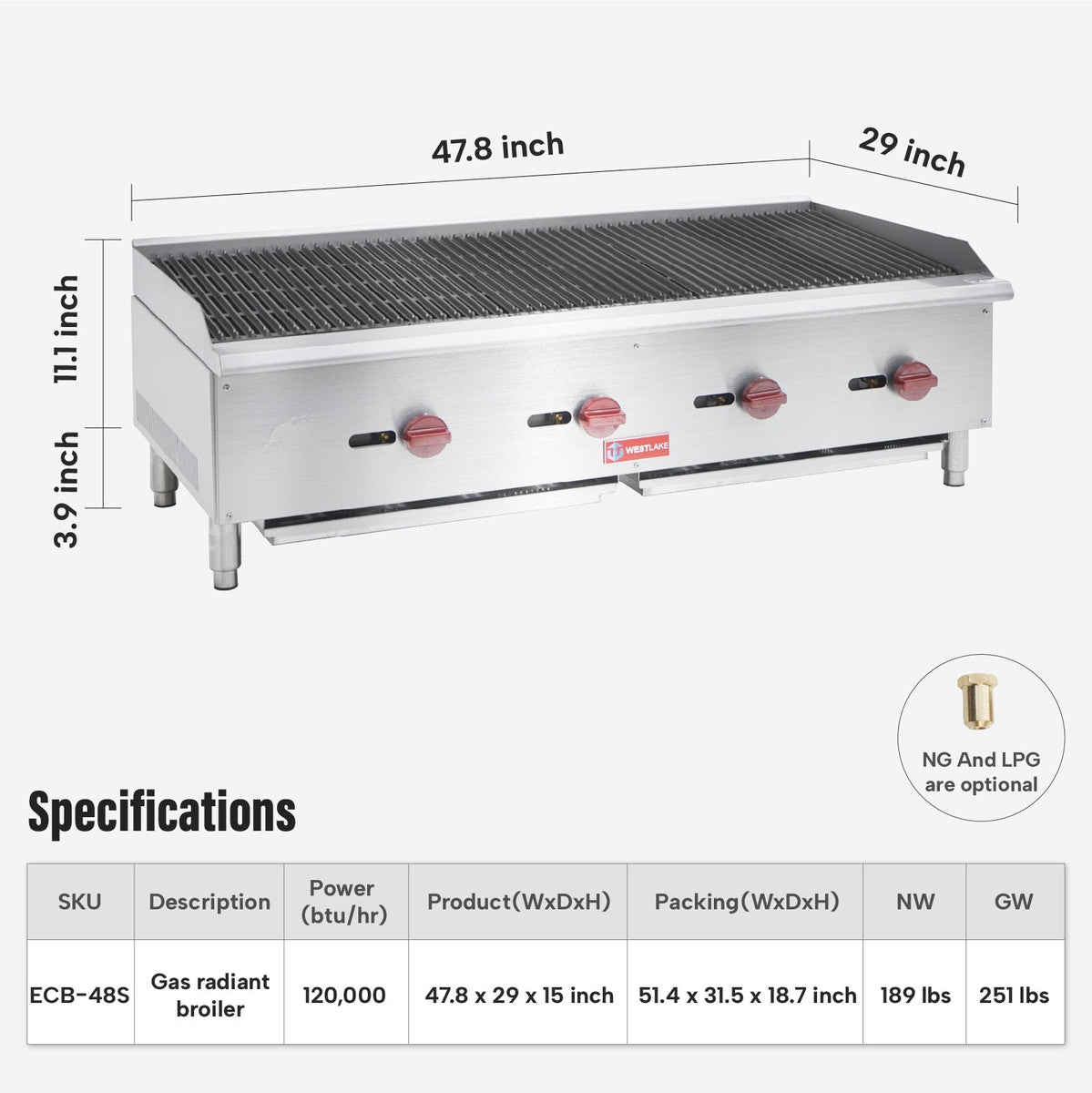 Westlake ECB-48S 47 In. Countertop Gas Radiant Charbroiler, 4 Burners, 120,000 BTU, Cast Iron Grate, Manual Controls