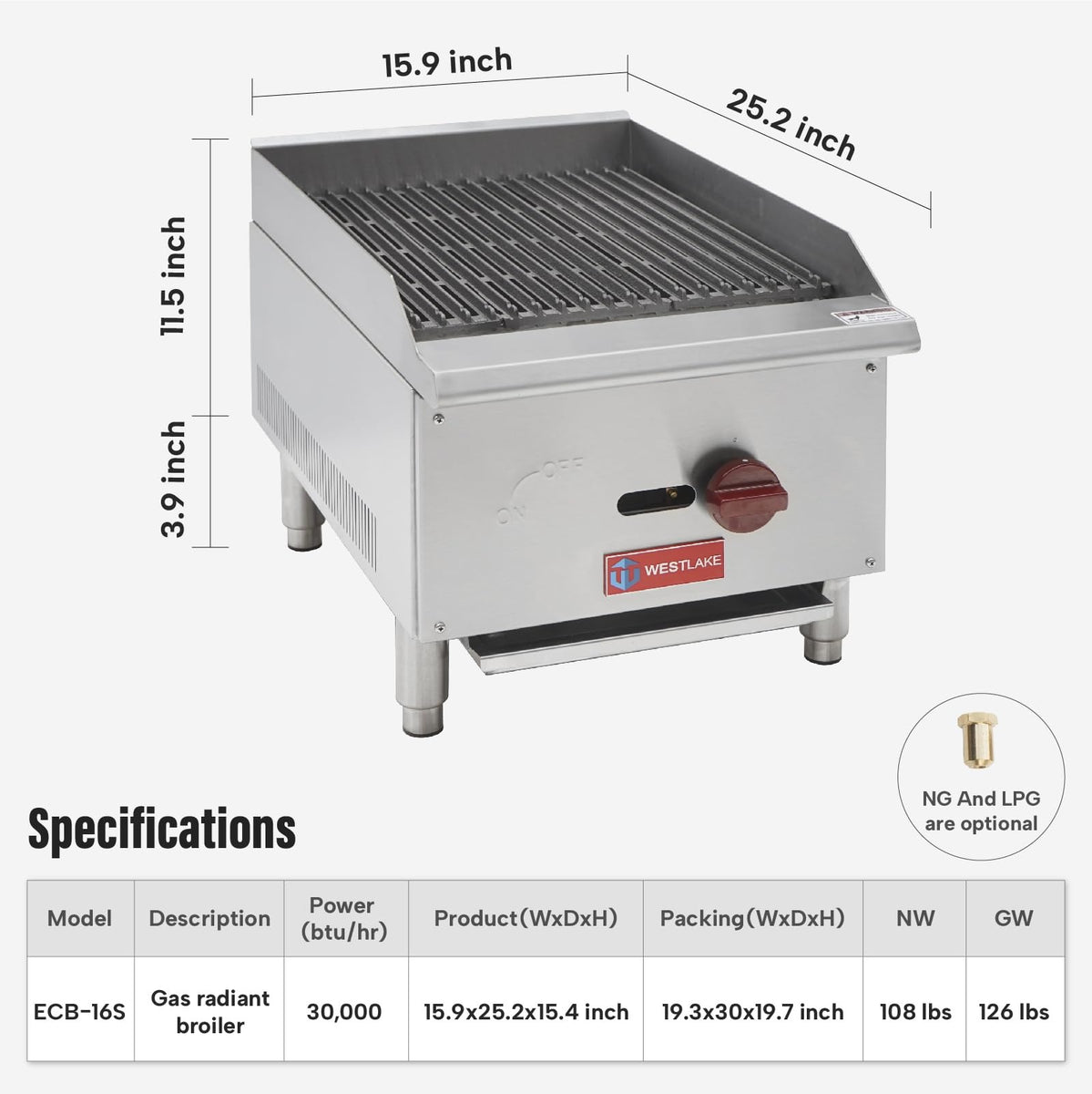 Westlake ECB-16S 16 In. Countertop Gas Radiant Charbroiler, 1 Burner, 30,000 BTU, Cast Iron Grate, Manual Controls