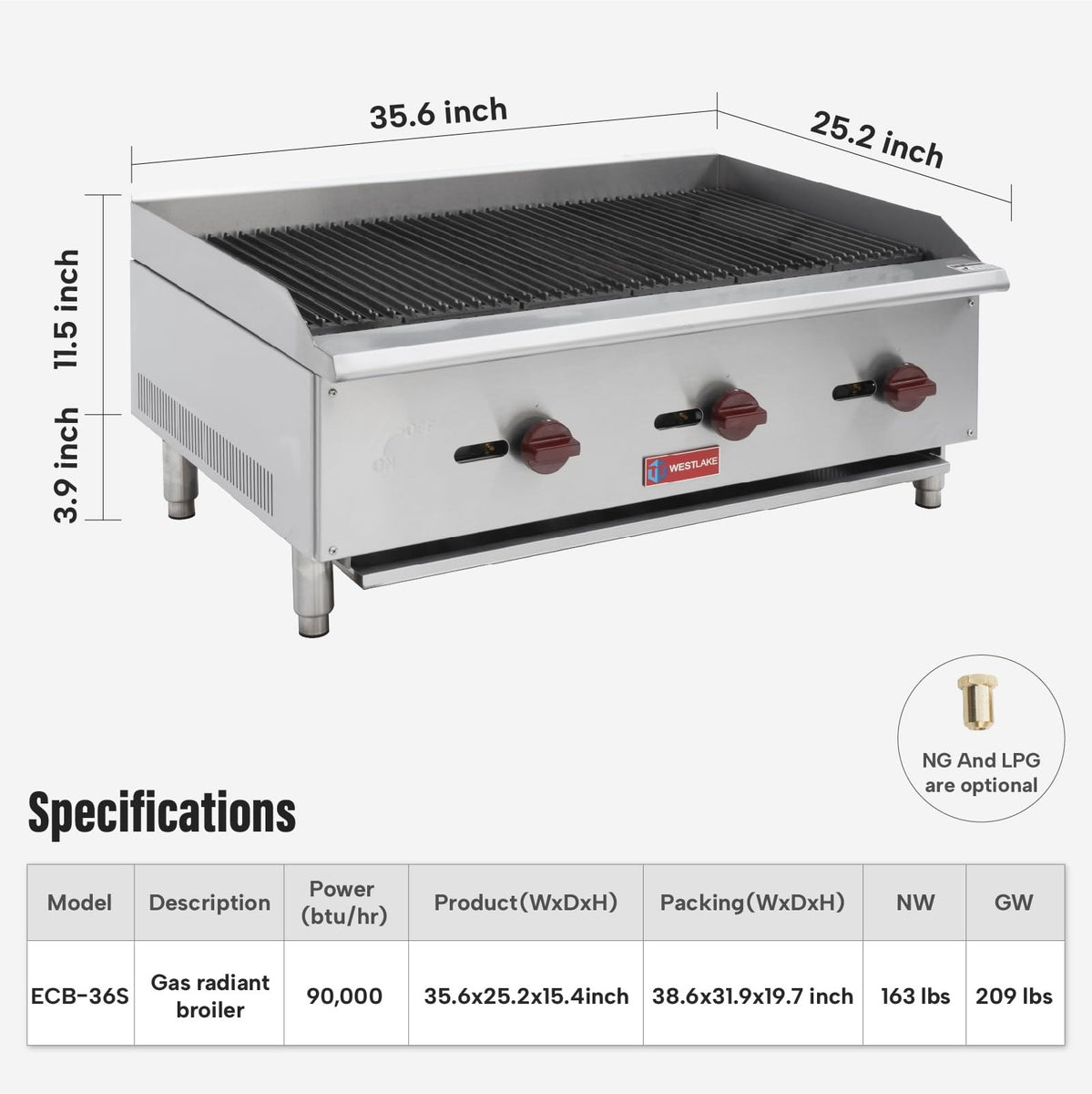 Westlake ECB-36S 36 In. Countertop Gas Radiant Charbroiler, 3 Burners, 90,000 BTU, Cast Iron Grate, Manual Controls