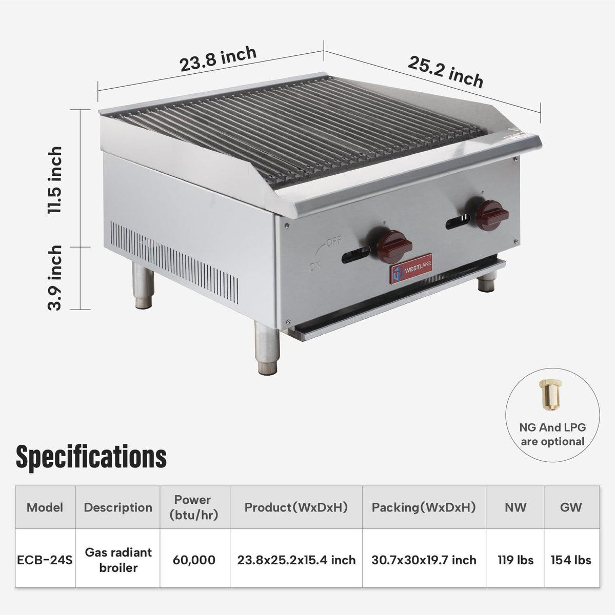 Westlake ECB-24S 24 In. Countertop Gas Radiant Charbroiler, 2 Burners, 60,000 BTU, Cast Iron Grate, Manual Controls