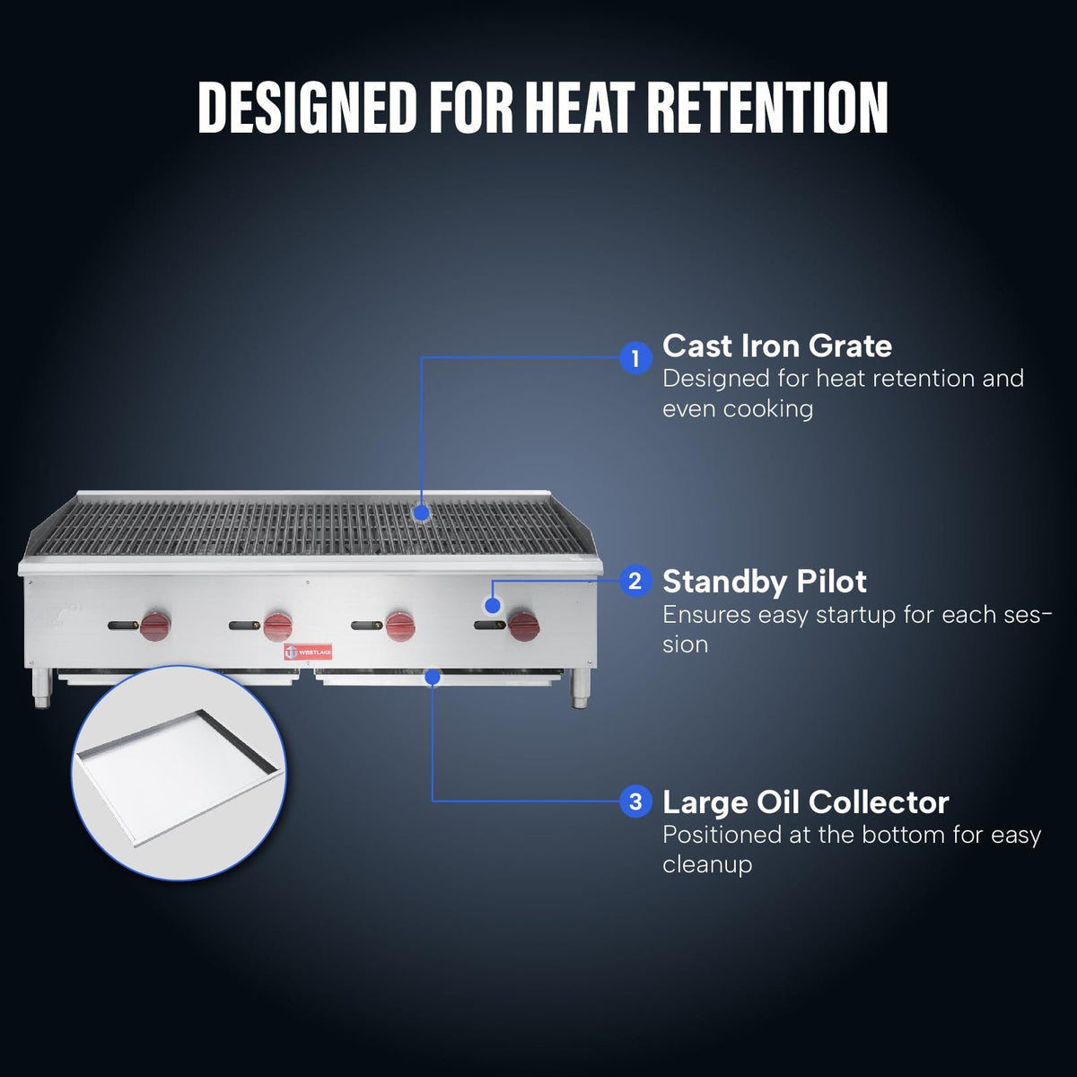 Westlake ECB-48S 47 In. Countertop Gas Radiant Charbroiler, 4 Burners, 120,000 BTU, Cast Iron Grate, Manual Controls