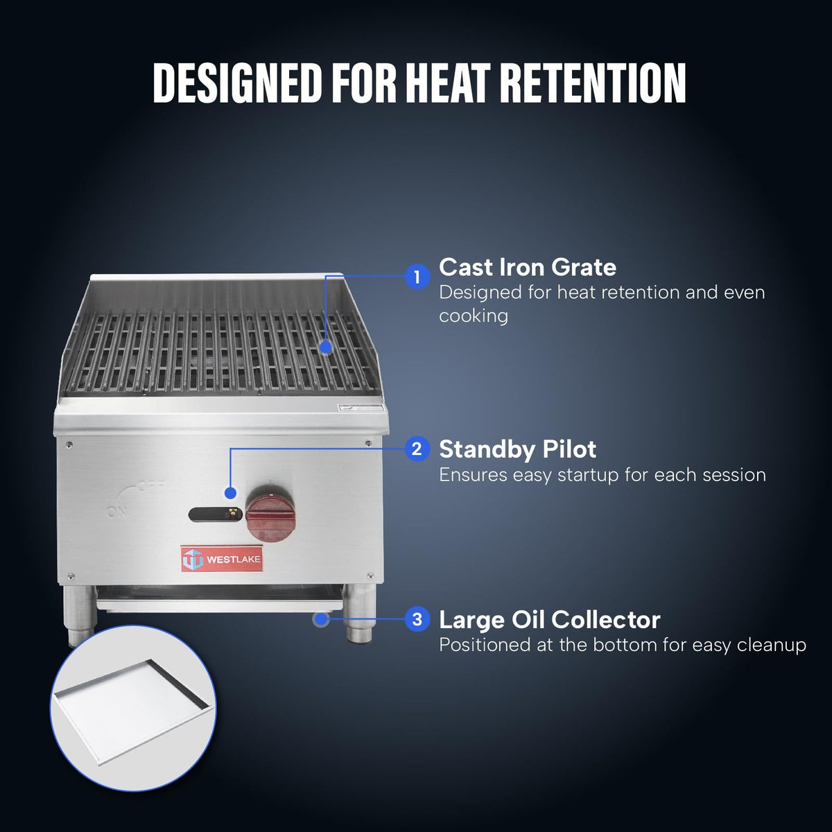 Westlake ECB-16S 16 In. Countertop Gas Radiant Charbroiler, 1 Burner, 30,000 BTU, Cast Iron Grate, Manual Controls