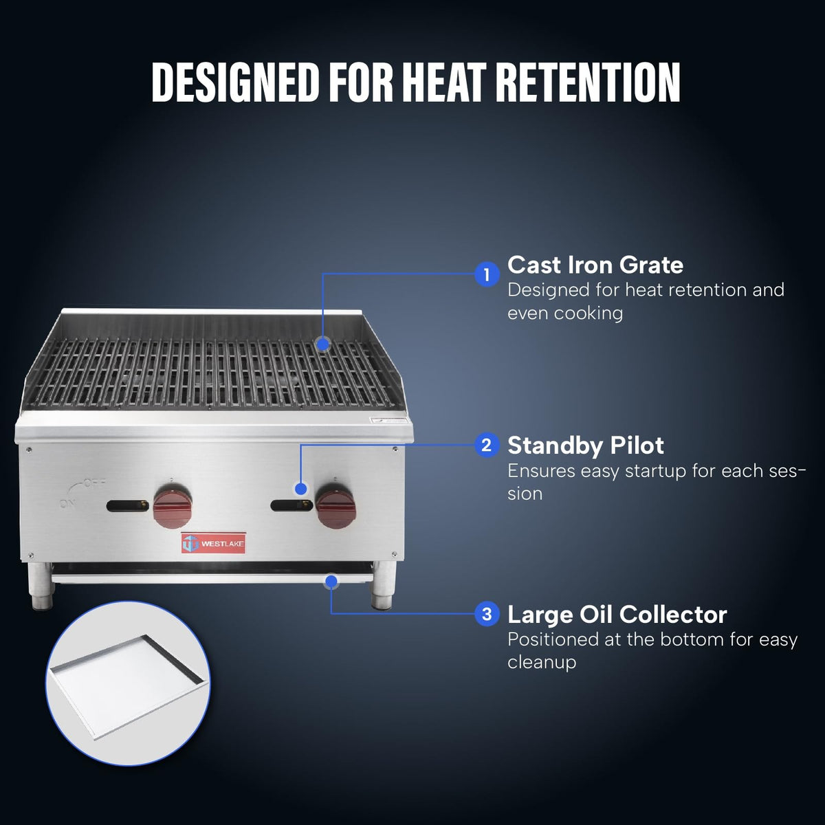 Westlake ECB-24S 24 In. Countertop Gas Radiant Charbroiler, 2 Burners, 60,000 BTU, Cast Iron Grate, Manual Controls