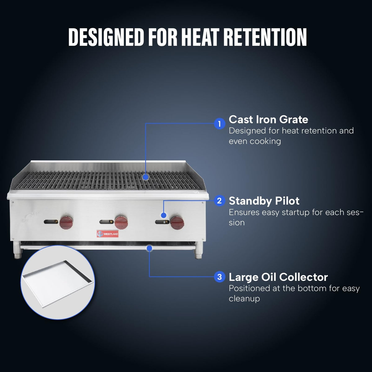 Westlake ECB-36S 36 In. Countertop Gas Radiant Charbroiler, 3 Burners, 90,000 BTU, Cast Iron Grate, Manual Controls