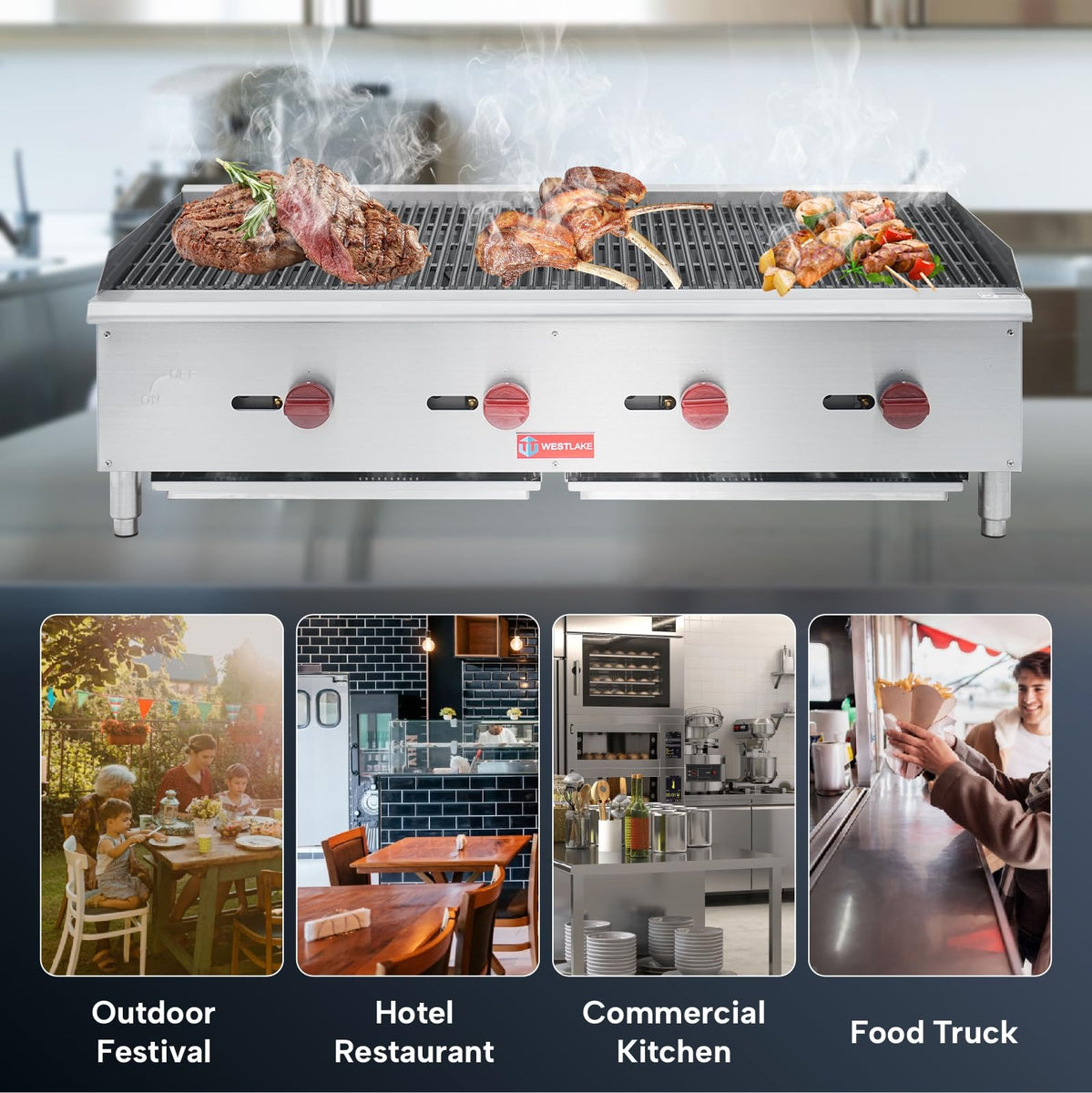 Westlake ECB-48S 47 In. Countertop Gas Radiant Charbroiler, 4 Burners, 120,000 BTU, Cast Iron Grate, Manual Controls