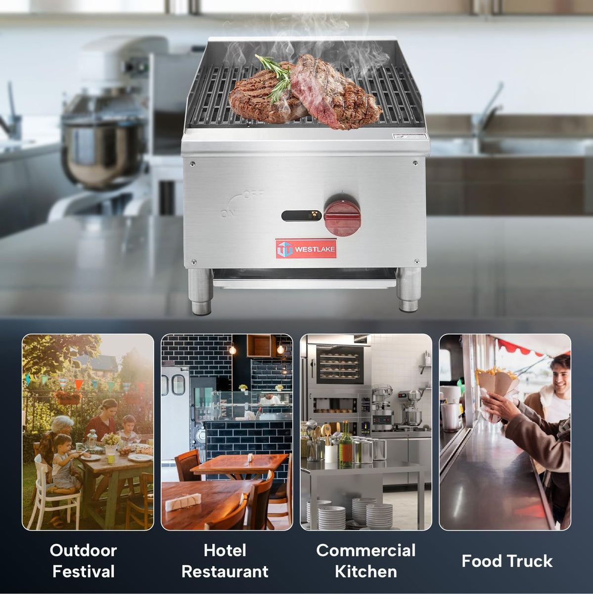 Westlake ECB-16S 16 In. Countertop Gas Radiant Charbroiler, 1 Burner, 30,000 BTU, Cast Iron Grate, Manual Controls