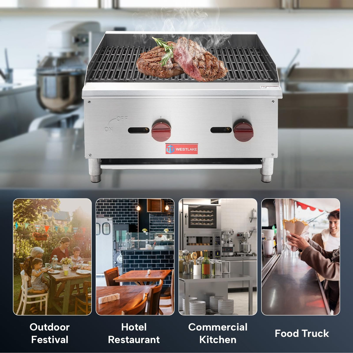 Westlake ECB-24S 24 In. Countertop Gas Radiant Charbroiler, 2 Burners, 60,000 BTU, Cast Iron Grate, Manual Controls