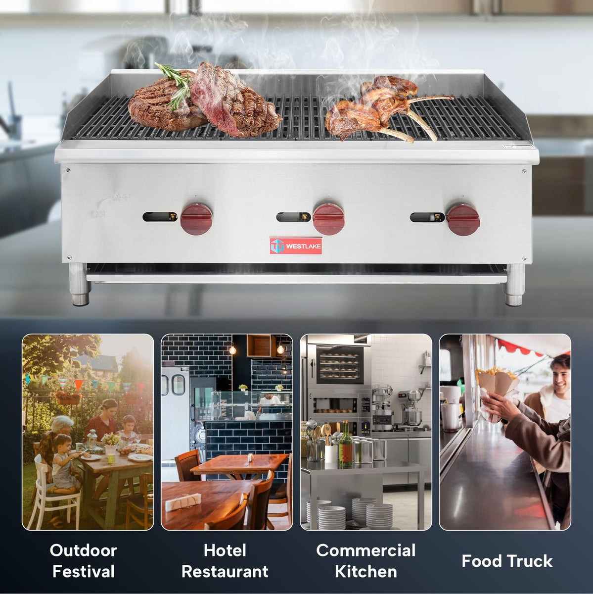Westlake ECB-36S 36 In. Countertop Gas Radiant Charbroiler, 3 Burners, 90,000 BTU, Cast Iron Grate, Manual Controls