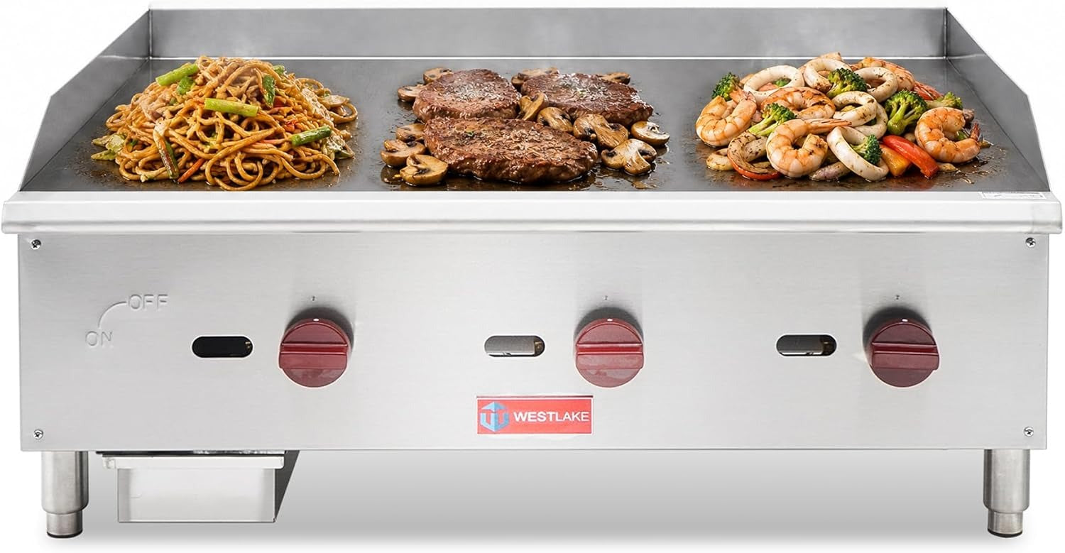 Westlake EGG36S 36 In. Countertop Manual Gas Griddle, 5/8 In. Plate, 3 Burners, 90,000 BTU