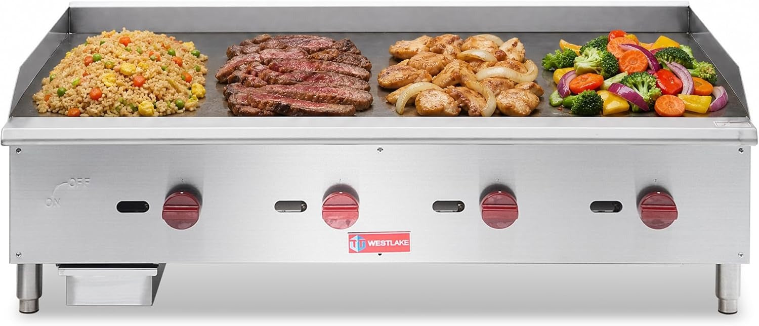 Westlake EGG48S 47 In. Countertop Manual Gas Griddle, 5/8 In. Plate, 4 Burners, 120,000 BTU