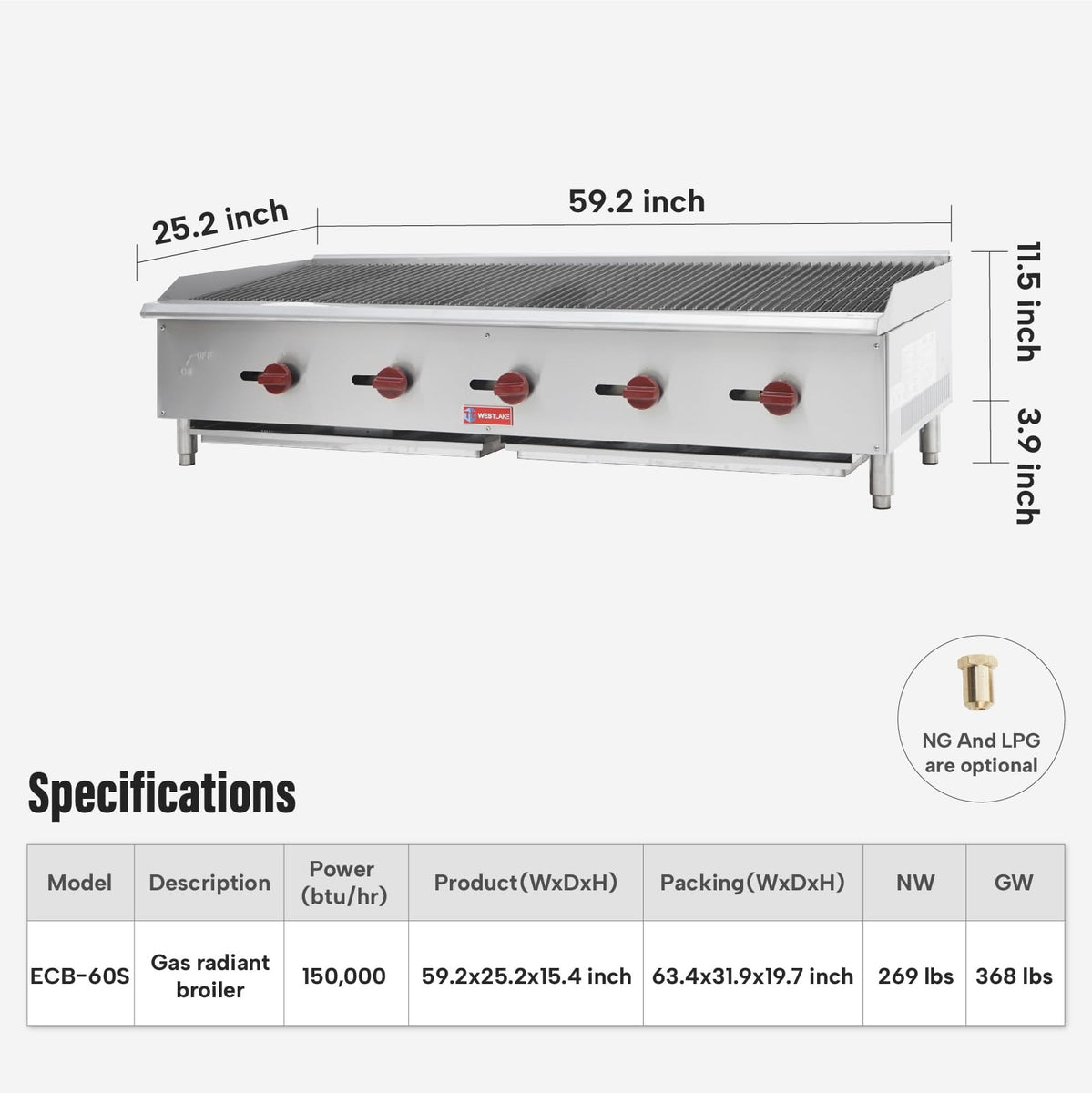 Westlake ECB-60S 59 In. Countertop Gas Radiant Charbroiler, 5 Burners, 150,000 BTU, Cast Iron Grate, Manual Controls