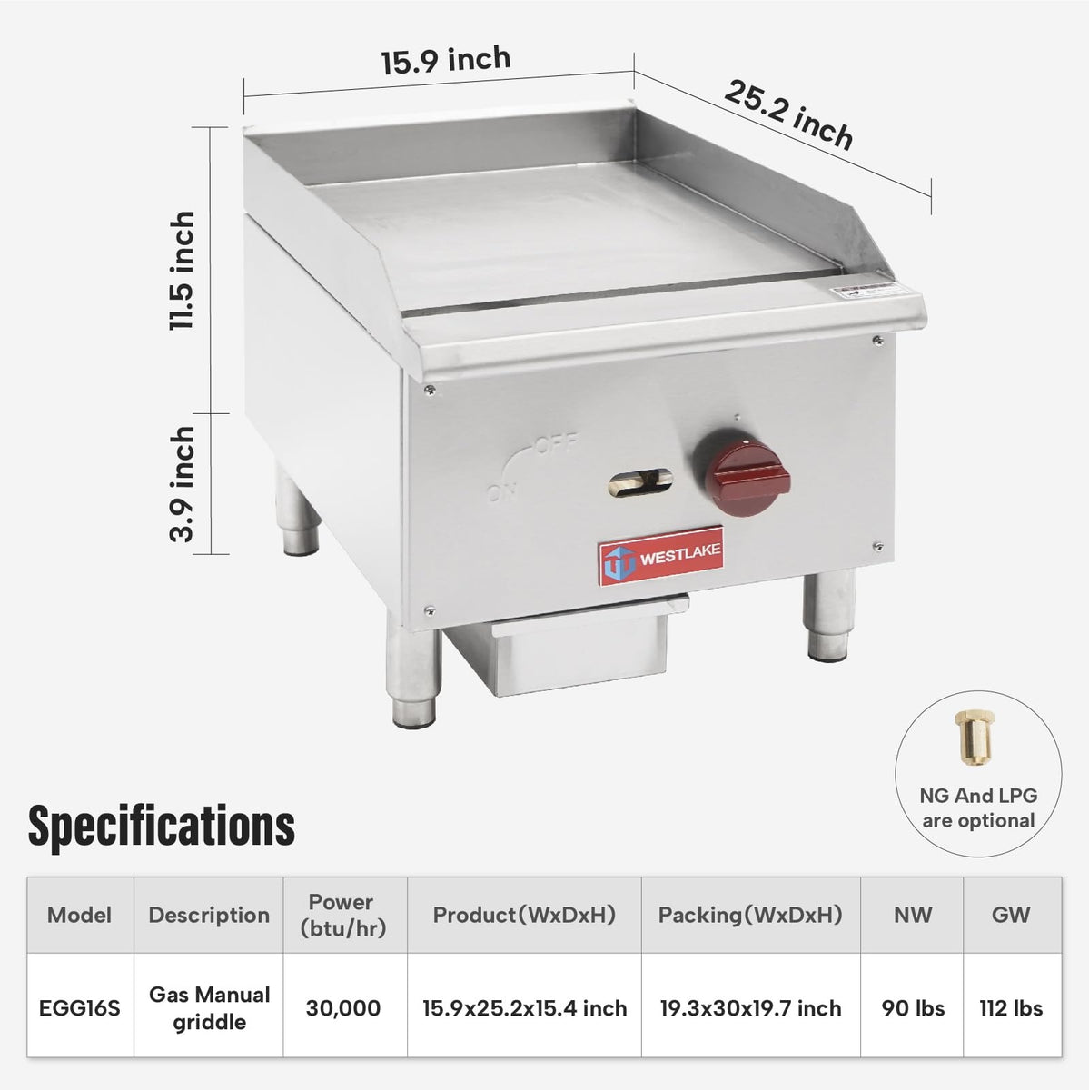 Westlake EGG16S 16 In. Countertop Manual Gas Griddle, 5/8 In. Plate, 1 Burner, 30,000 BTU