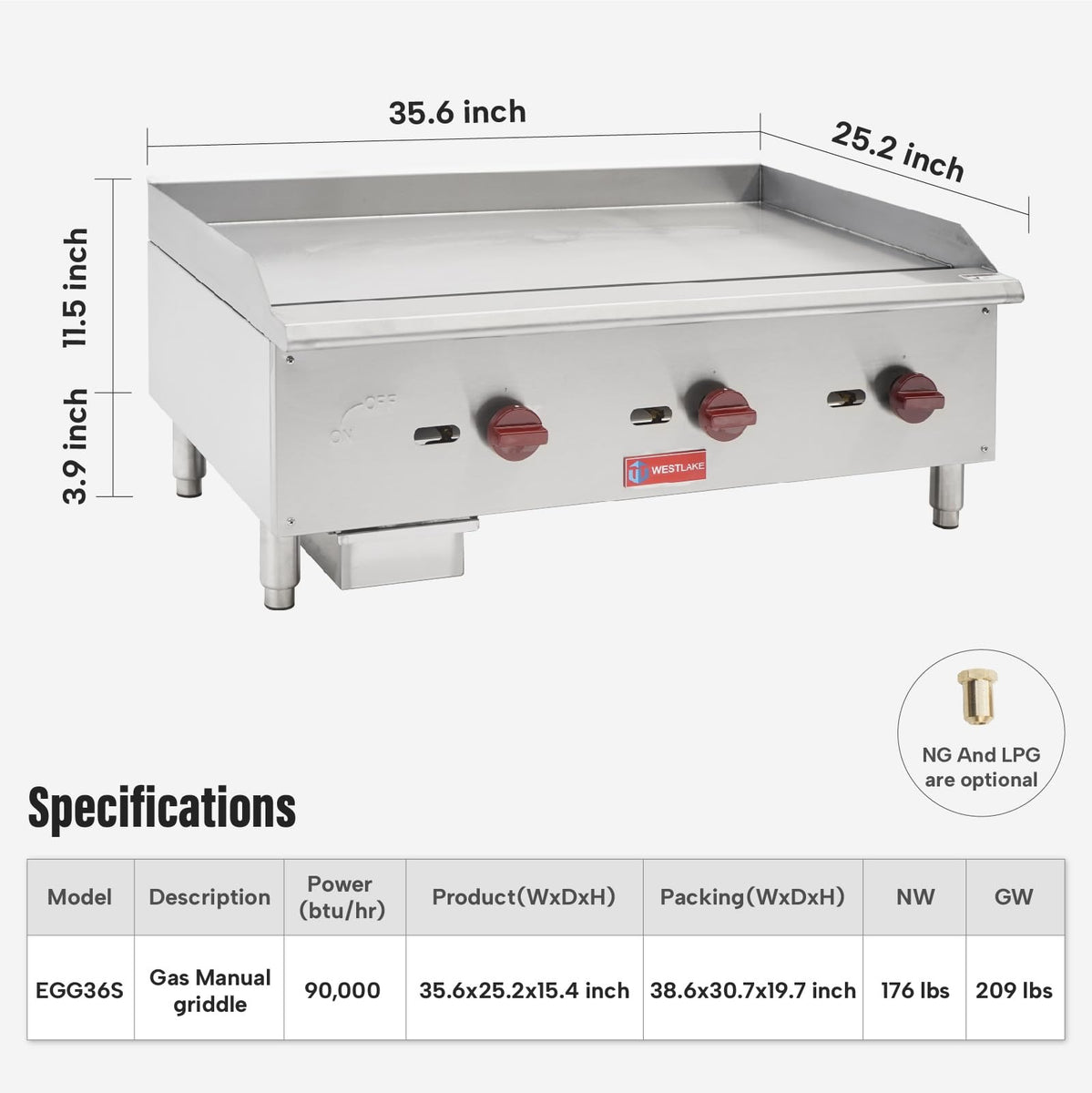 Westlake EGG36S 36 In. Countertop Manual Gas Griddle, 5/8 In. Plate, 3 Burners, 90,000 BTU