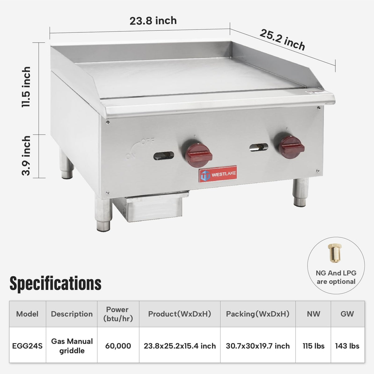Westlake EGG24S 24 In. Countertop Manual Gas Griddle, 5/8 In. Plate, 2 Burners, 60,000 BTU