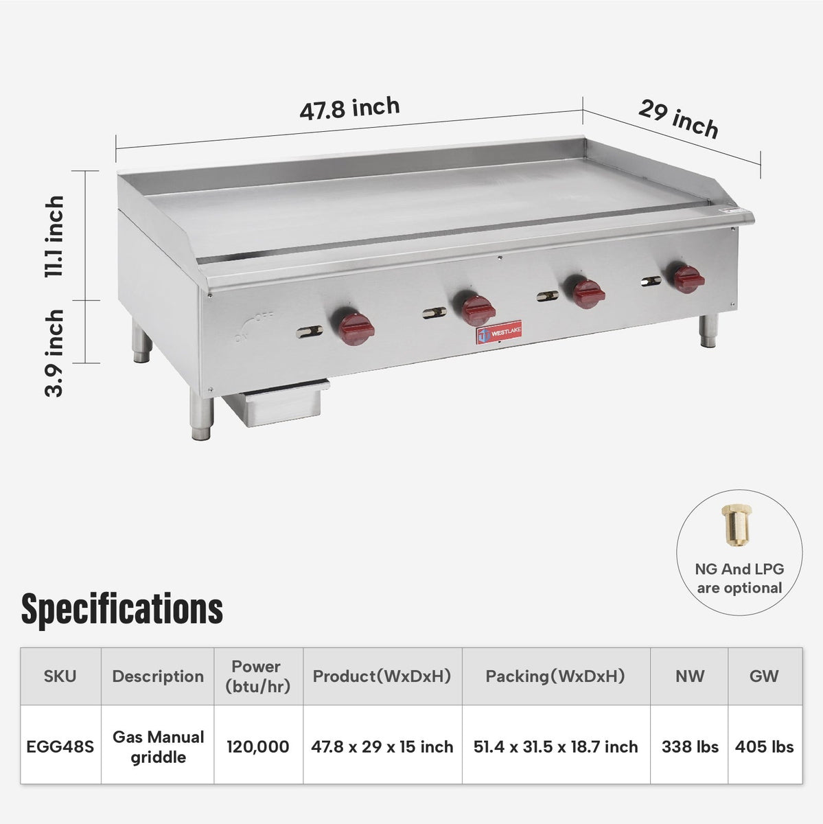Westlake EGG48S 47 In. Countertop Manual Gas Griddle, 5/8 In. Plate, 4 Burners, 120,000 BTU