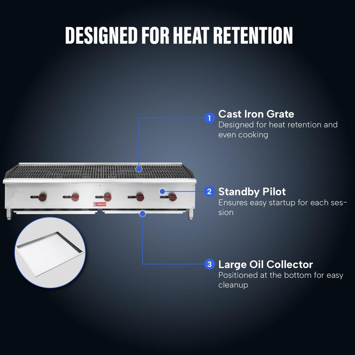 Westlake ECB-60S 59 In. Countertop Gas Radiant Charbroiler, 5 Burners, 150,000 BTU, Cast Iron Grate, Manual Controls
