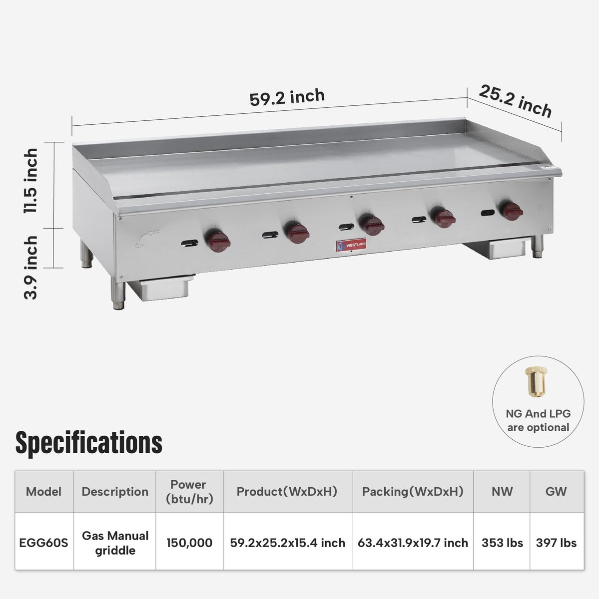 Westlake EGG60S 59 In. Countertop Manual Gas Griddle, 5/8 In. Plate, 5 Burners, 150,000 BTU