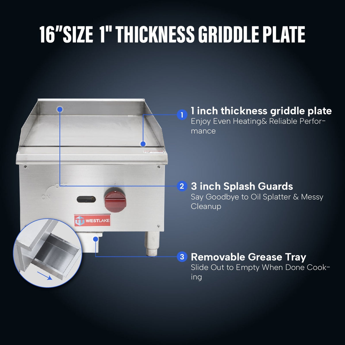 Westlake EGG16S 16 In. Countertop Manual Gas Griddle, 5/8 In. Plate, 1 Burner, 30,000 BTU