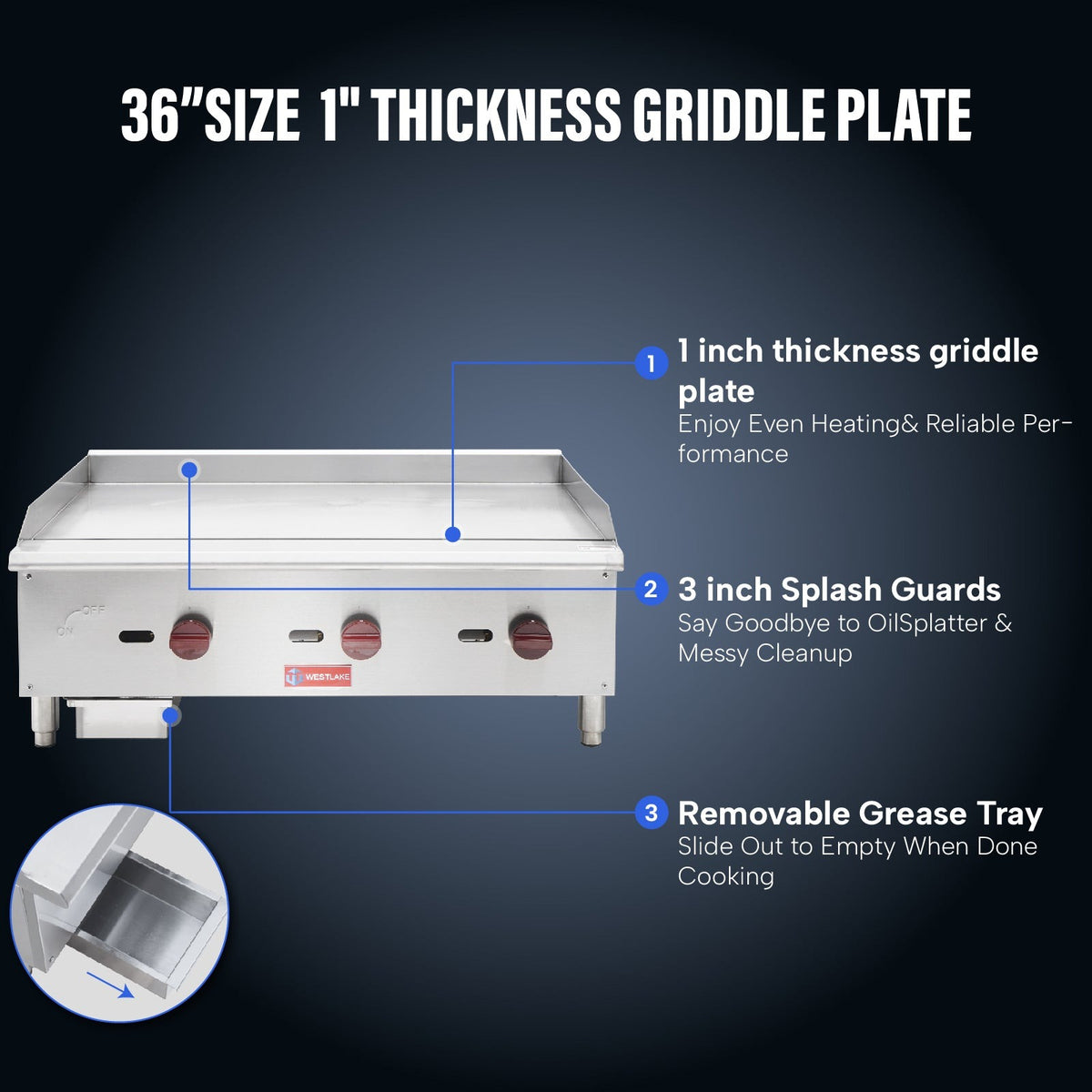 Westlake EGG36S 36 In. Countertop Manual Gas Griddle, 5/8 In. Plate, 3 Burners, 90,000 BTU