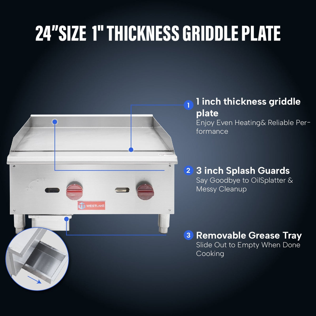 Westlake EGG24S 24 In. Countertop Manual Gas Griddle, 5/8 In. Plate, 2 Burners, 60,000 BTU