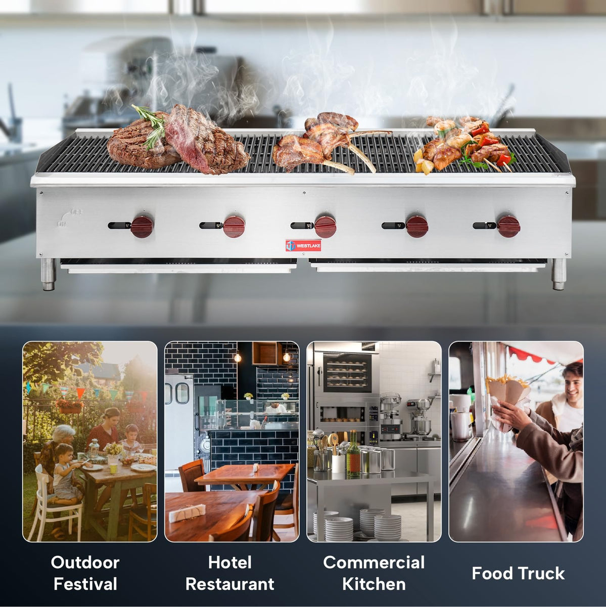 Westlake ECB-60S 59 In. Countertop Gas Radiant Charbroiler, 5 Burners, 150,000 BTU, Cast Iron Grate, Manual Controls