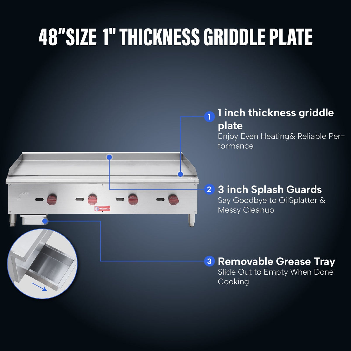 Westlake EGG48S 47 In. Countertop Manual Gas Griddle, 5/8 In. Plate, 4 Burners, 120,000 BTU