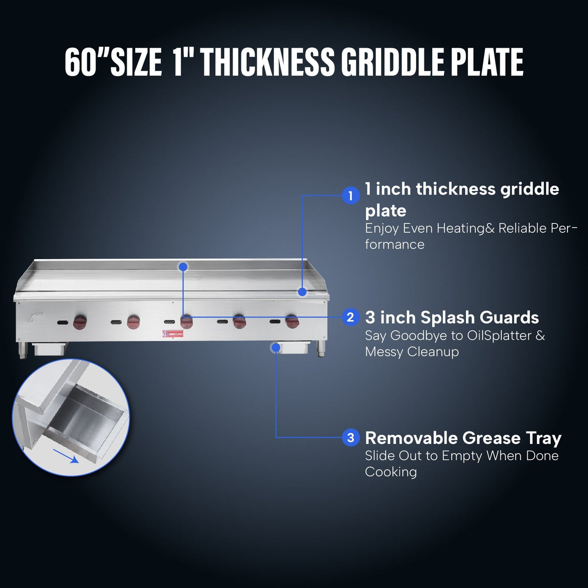 Westlake EGG60S 59 In. Countertop Manual Gas Griddle, 5/8 In. Plate, 5 Burners, 150,000 BTU