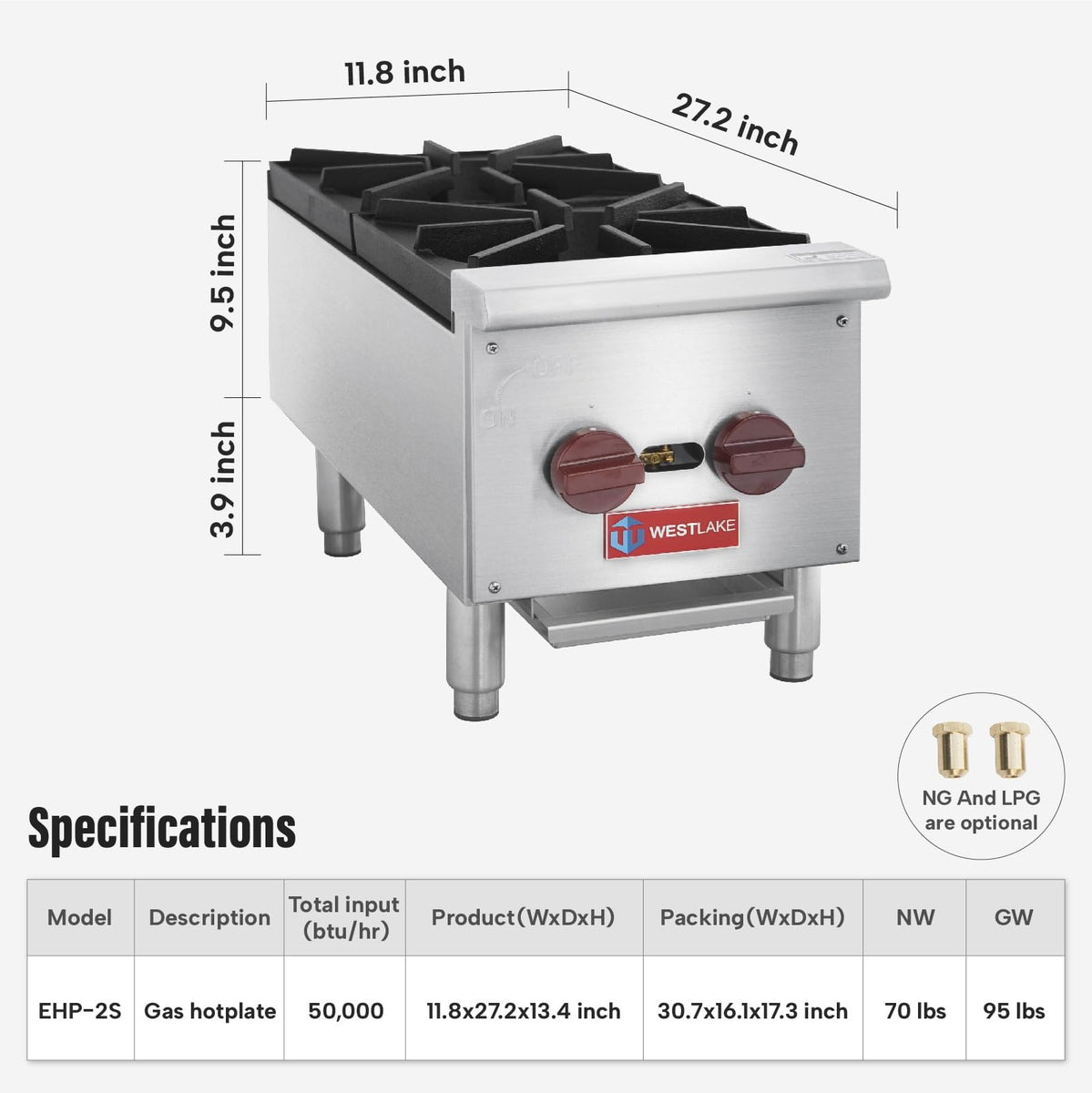 Westlake EHP-2S 12 In. Countertop Gas Hot Plate, 2 Burners, 50,000 BTU, Cast Iron Grates