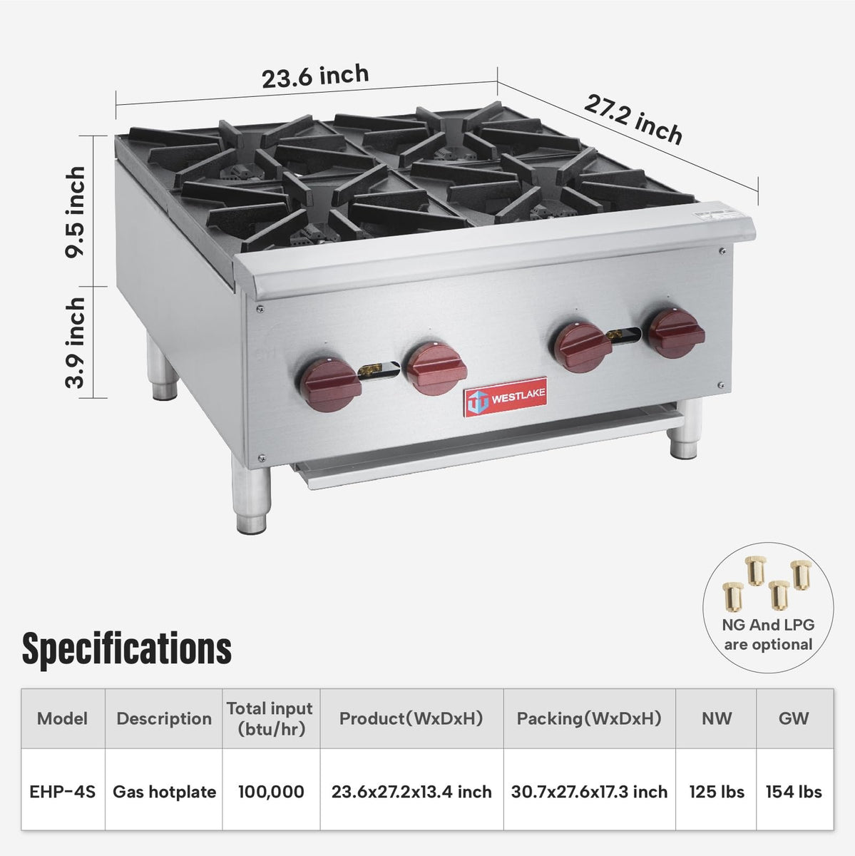 Westlake EHP-4S 24 In. Countertop Gas Hot Plate, 4 Burners, 100,000 BTU, Cast Iron Grates