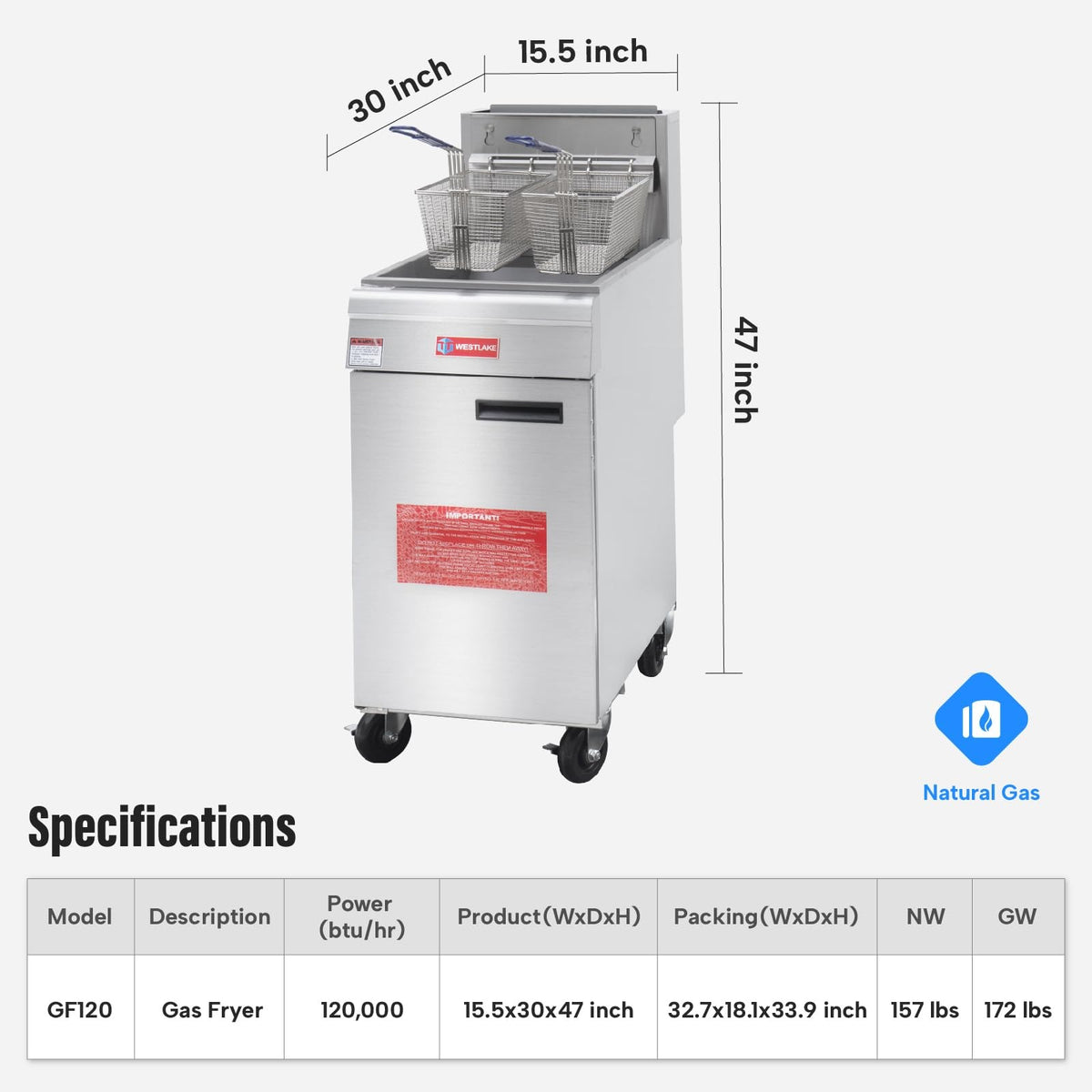 Westlake GF120 15.5 In. Natural Gas Floor Fryer, 120,000 BTU, Stainless Steel Vat, Robertshaw Thermostat