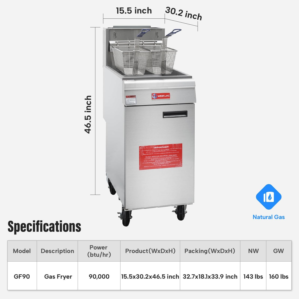 Westlake GF90 15.5 In. Natural Gas Floor Fryer, 90,000 BTU, Stainless Steel Vat, Robertshaw Thermostat