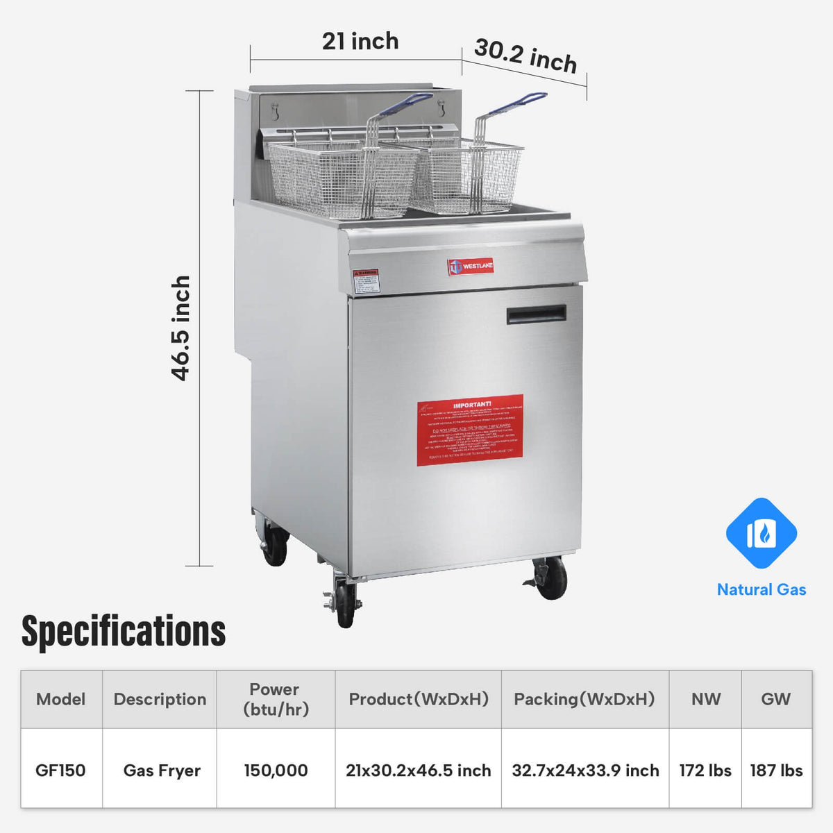 Westlake GF150 21 In. Natural Gas Floor Fryer, 150,000 BTU, Stainless Steel Vat, Robertshaw Thermostat