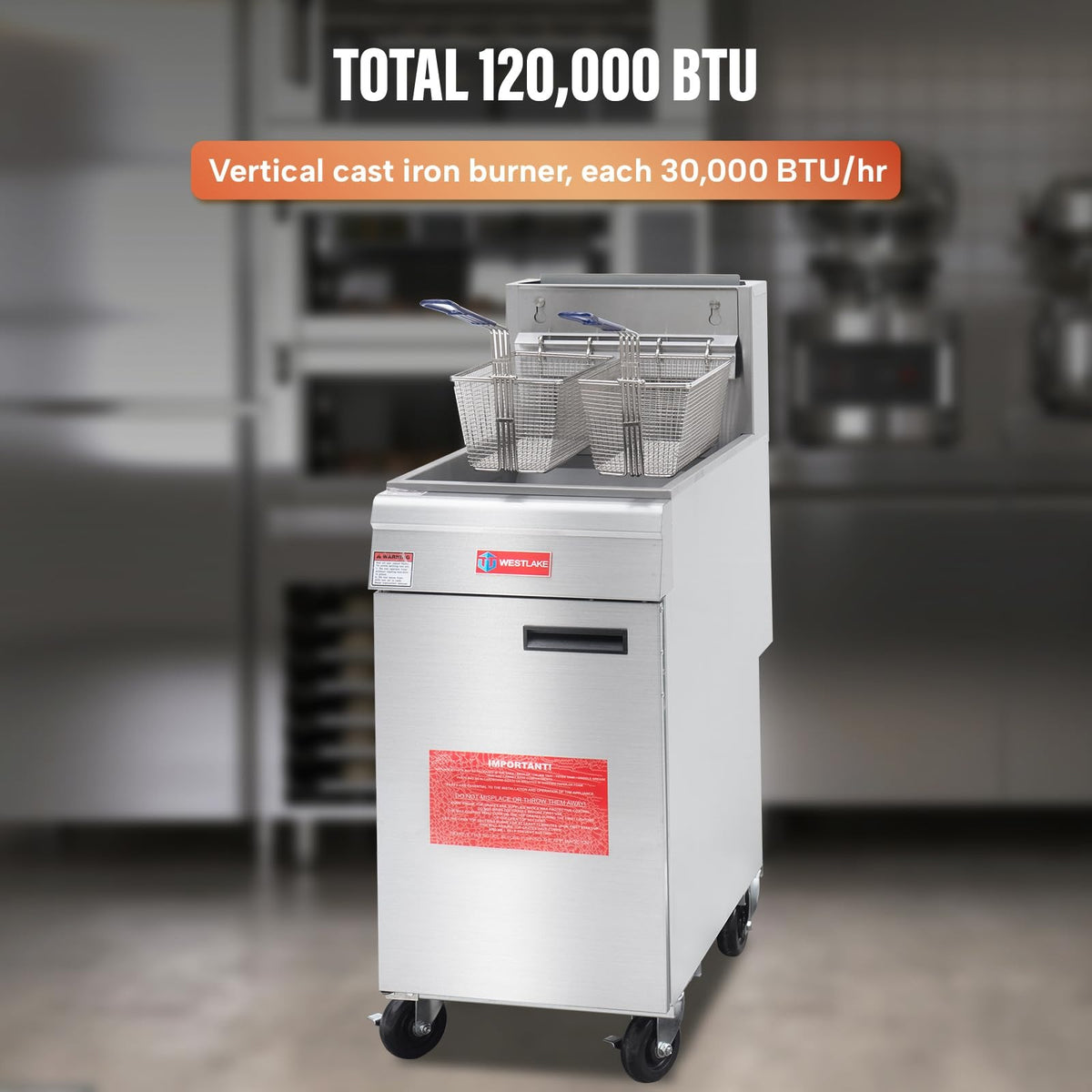 Westlake GF120 15.5 In. Natural Gas Floor Fryer, 120,000 BTU, Stainless Steel Vat, Robertshaw Thermostat