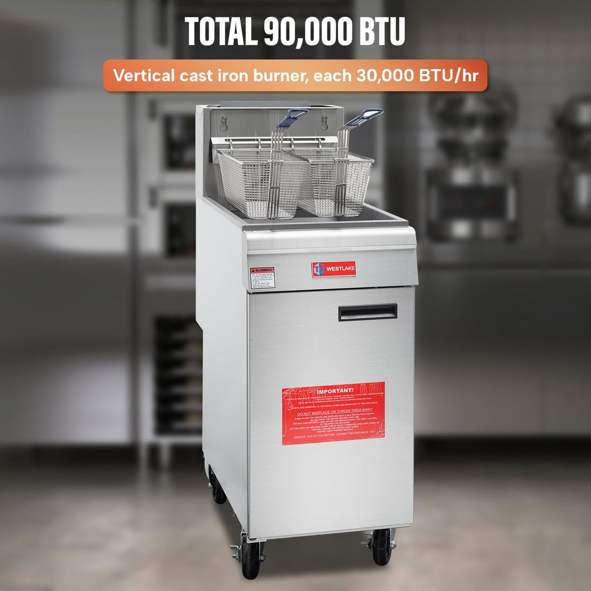 Westlake GF90 15.5 In. Natural Gas Floor Fryer, 90,000 BTU, Stainless Steel Vat, Robertshaw Thermostat