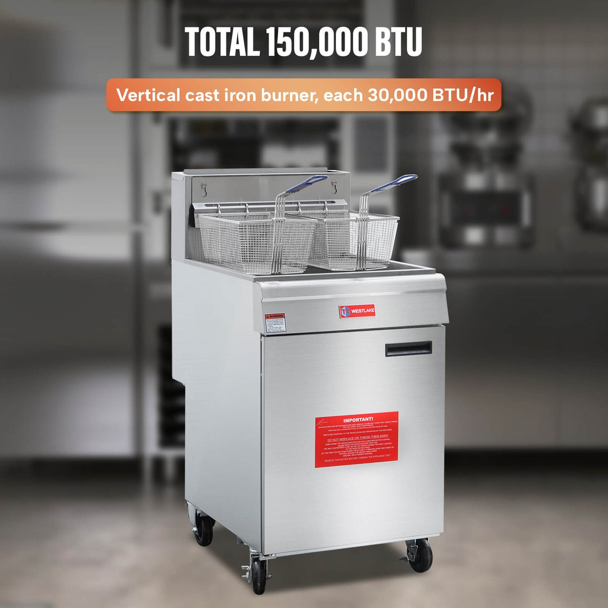Westlake GF150 21 In. Natural Gas Floor Fryer, 150,000 BTU, Stainless Steel Vat, Robertshaw Thermostat