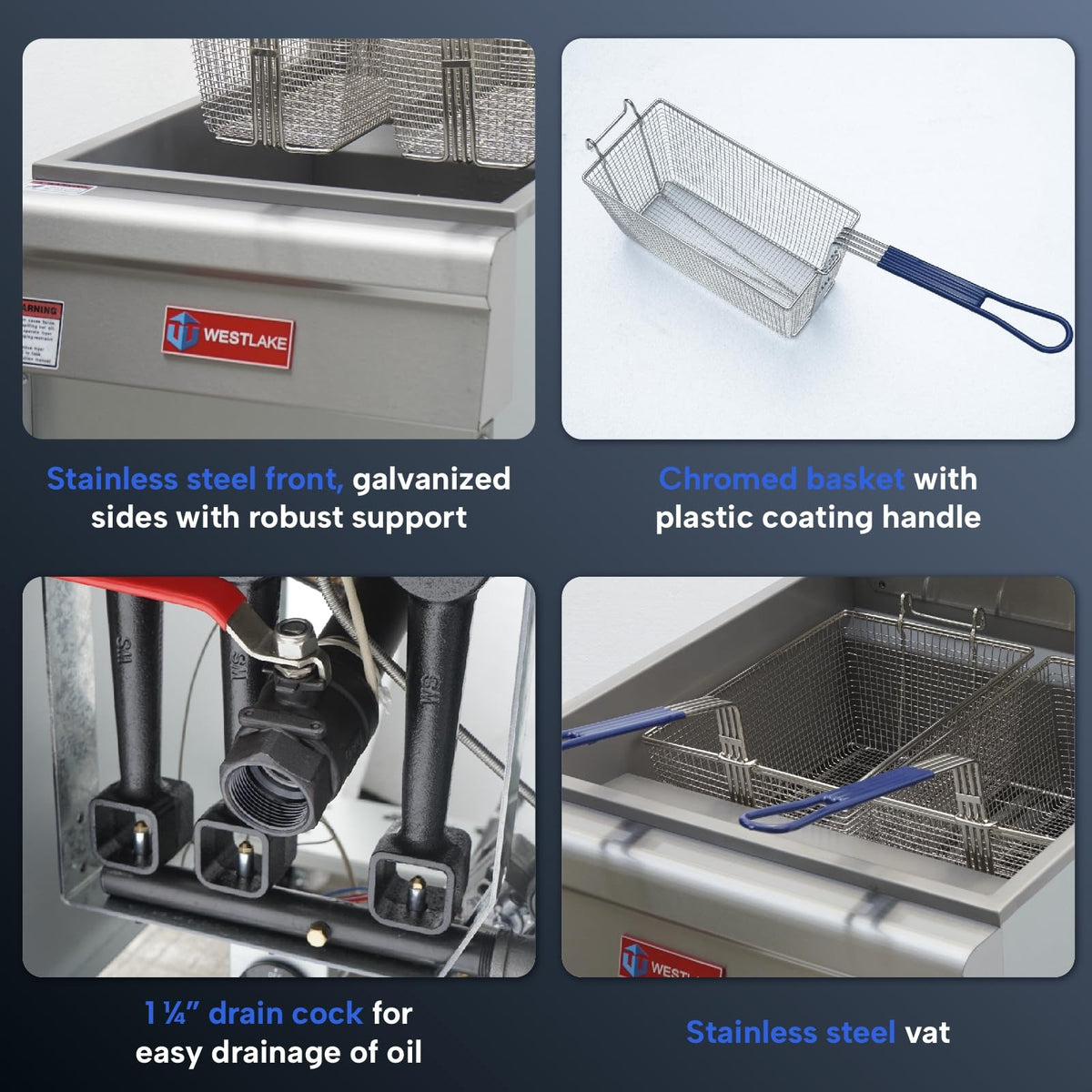 Westlake GF90 15.5 In. Natural Gas Floor Fryer, 90,000 BTU, Stainless Steel Vat, Robertshaw Thermostat