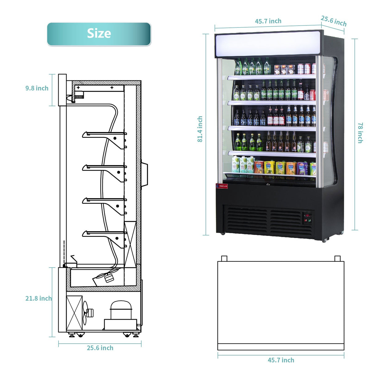 Westlake LD3-2Z-C4 46 In. Open Air Merchandiser, 24 Cu. Ft., 4 Adjustable Shelves, Night Cover