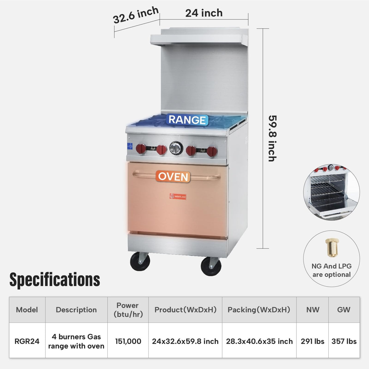 Westlake RGR24 24 In. Gas Restaurant Range, 4 Open Burners, Oven, 151,000 BTU