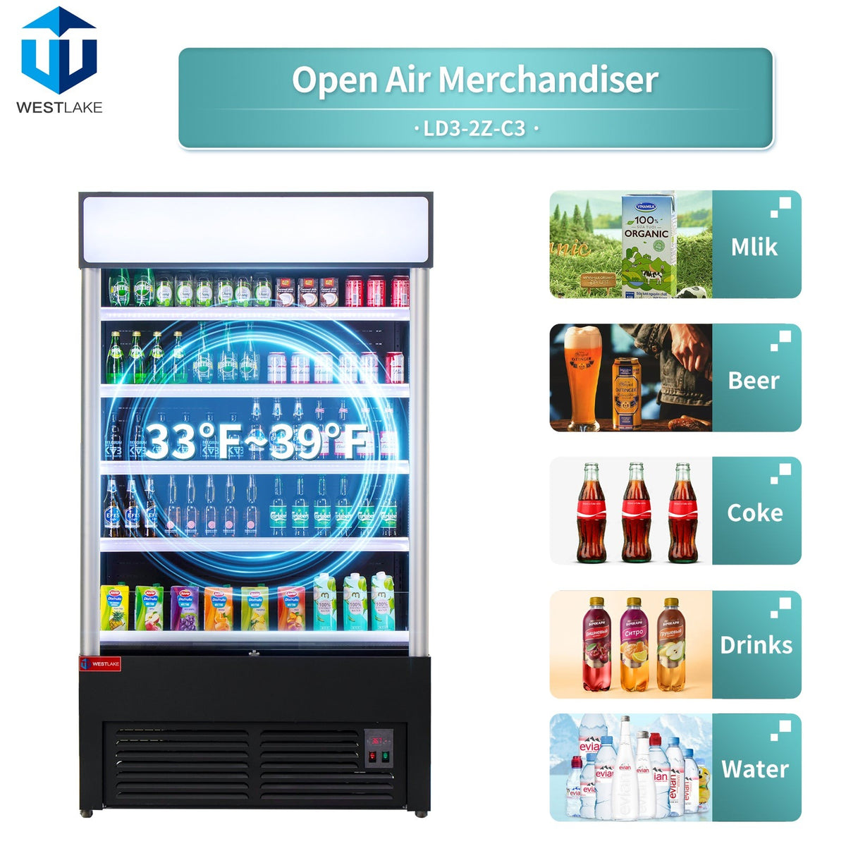 Westlake LD3-2Z-C3 46 In. Open Air Merchandiser, 34 Cu. Ft., 4 Adjustable Shelves, Night Cover