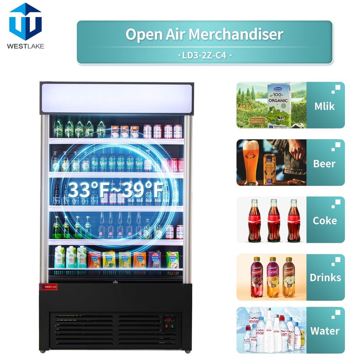 Westlake LD3-2Z-C4 46 In. Open Air Merchandiser, 24 Cu. Ft., 4 Adjustable Shelves, Night Cover
