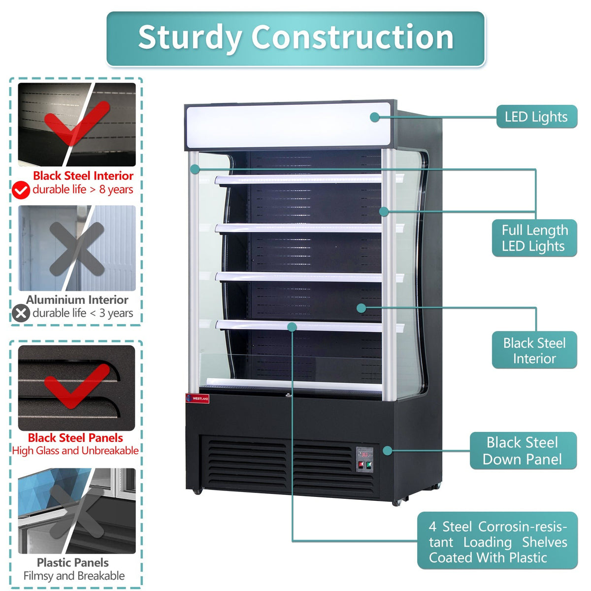 Westlake LD3-2Z-C3 46 In. Open Air Merchandiser, 34 Cu. Ft., 4 Adjustable Shelves, Night Cover