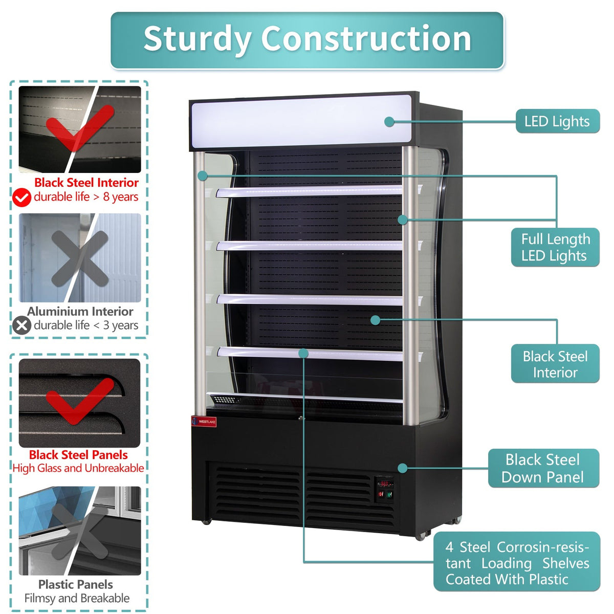 Westlake LD3-2Z-C4 46 In. Open Air Merchandiser, 24 Cu. Ft., 4 Adjustable Shelves, Night Cover