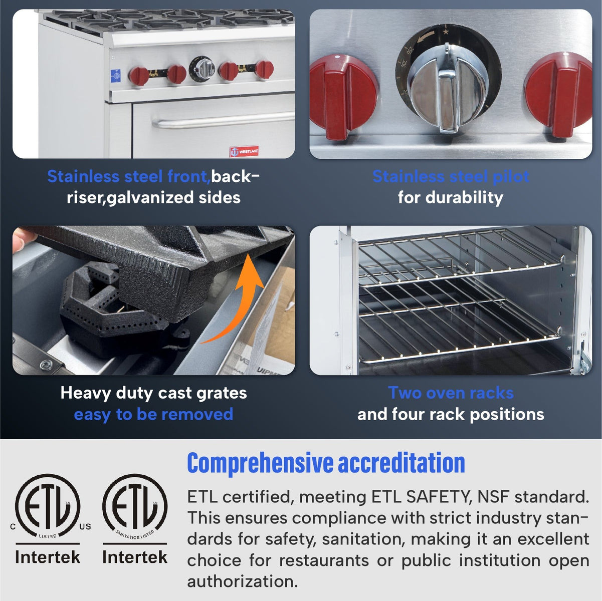 Westlake RGR36 36 In. Gas Restaurant Range, 6 Open Burners, Oven, 210,000 BTU