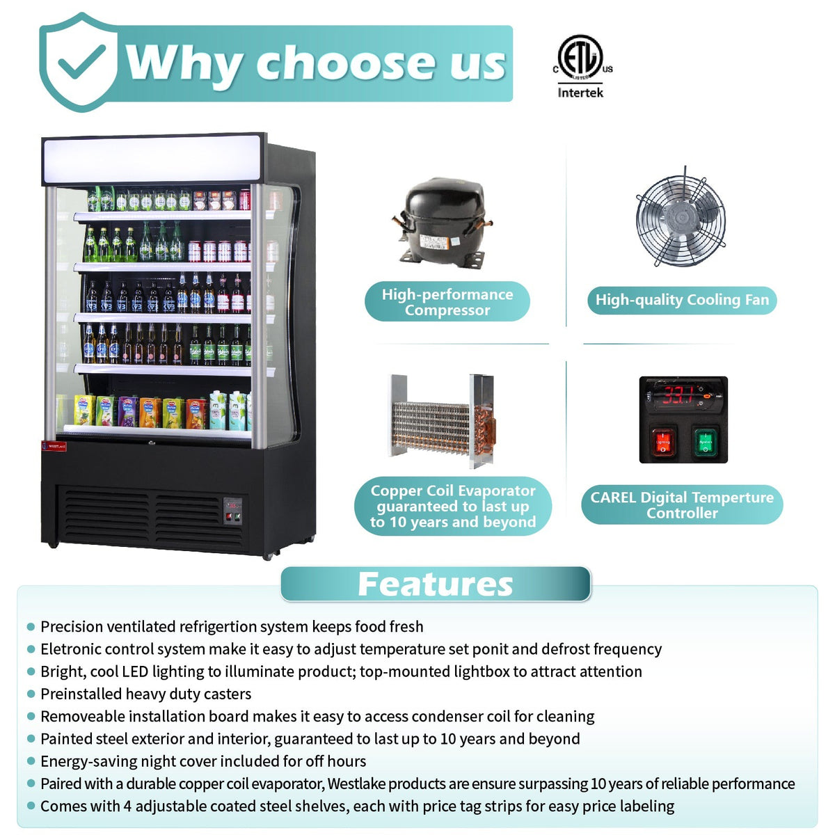 Westlake LD3-2Z-C4 46 In. Open Air Merchandiser, 24 Cu. Ft., 4 Adjustable Shelves, Night Cover