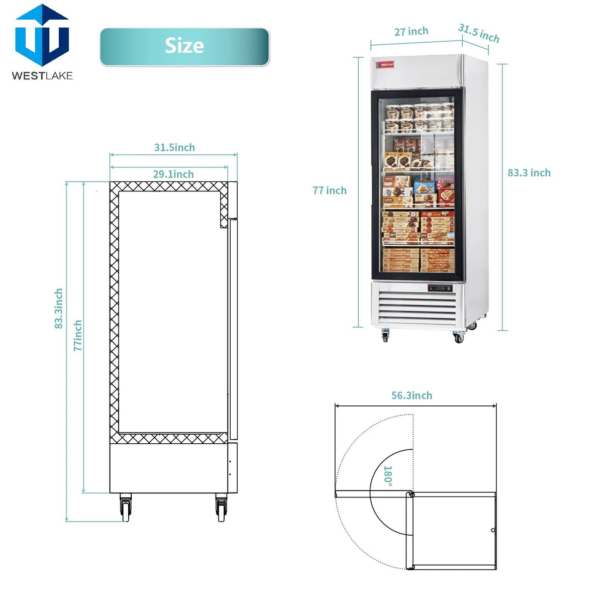 Westlake WK-23FG 27 In. Single Glass Door Merchandiser Freezer, 23 Cu. Ft., Stainless Steel, R290